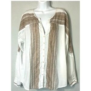 Sundance Women Shirt Size 14 White Brown Boho Button Down Dolman Sleeves Casual